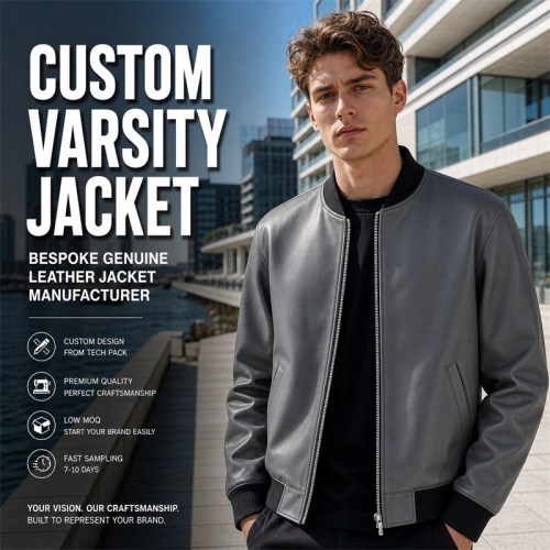 Men's Volcanic Grey Black Ribbed Vegan Leather Varsity Jacket, Australian Cut