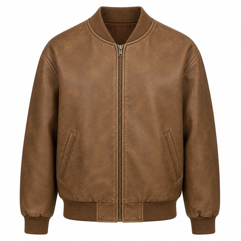 Men's Desert Ochre Brown Washed Vegan Leather Varsity Jacket, Australian Cut