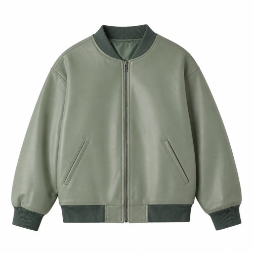 Men's Sage Green Spliced Vegan Leather Varsity Jacket, Australian Cut