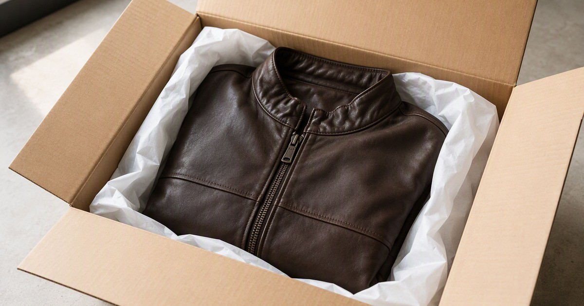 Folded leather jacket on plain tissue paper beside a brown corrugated export carton for an IEEPA tariff refund article
