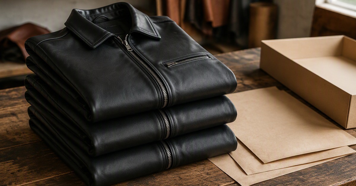 Stack of black leather jackets on a wooden warehouse table with plain kraft paper for a tariff refund article