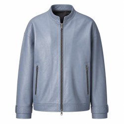 Men's Cold Mist Blue Relaxed Racer Leather Jacket, Korean Cut