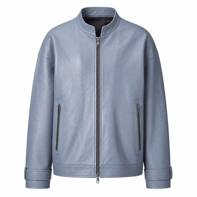 Men's Cold Mist Blue Relaxed Racer Leather Jacket, Korean Cut