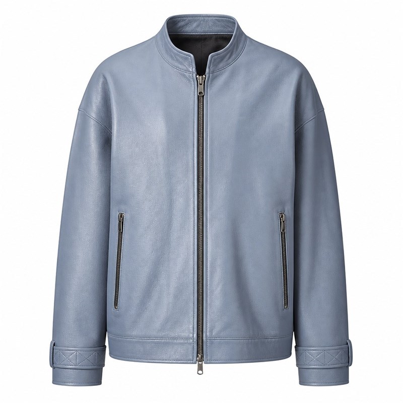 Men's Cold Mist Blue Relaxed Racer Leather Jacket, Korean Cut