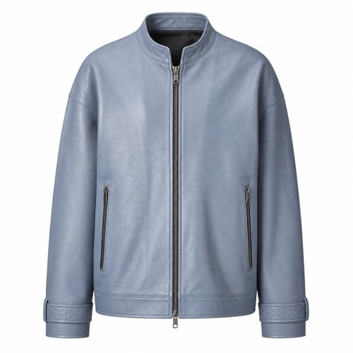 Men's Cold Mist Blue Relaxed Racer Leather Jacket, Korean Cut