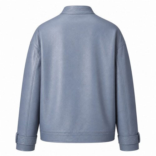 Men's Cold Mist Blue Relaxed Racer Leather Jacket, Korean Cut