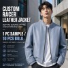 Men's Cold Mist Blue Relaxed Racer Leather Jacket, Korean Cut