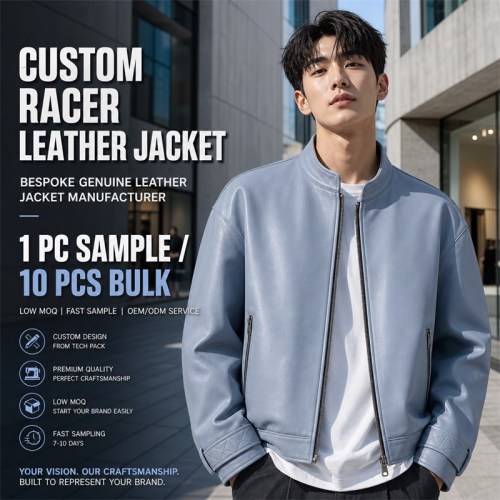 Men's Cold Mist Blue Relaxed Racer Leather Jacket, Korean Cut