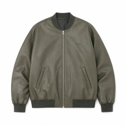 Men's Grey Olive Spliced Vegan Leather Varsity Jacket, Korean Cut