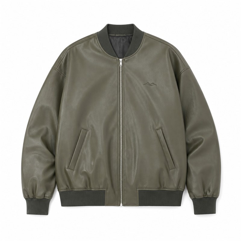 Men's Grey Olive Spliced Vegan Leather Varsity Jacket, Korean Cut
