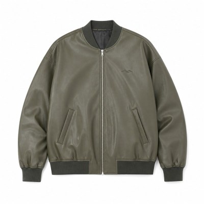 Men's Grey Olive Spliced Vegan Leather Varsity Jacket, Korean Cut