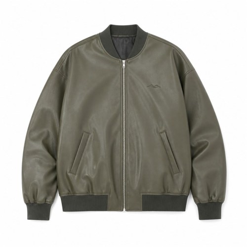 Men's Grey Olive Spliced Vegan Leather Varsity Jacket, Korean Cut
