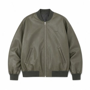 Men's Grey Olive Spliced Vegan Leather Varsity Jacket, Korean Cut