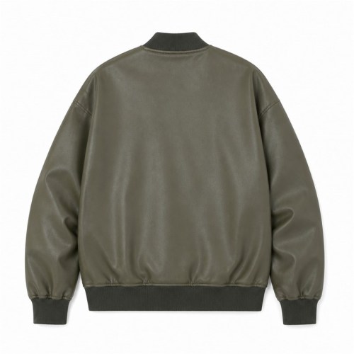 Men's Grey Olive Spliced Vegan Leather Varsity Jacket, Korean Cut