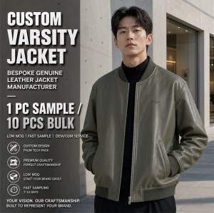 Men's Grey Olive Spliced Vegan Leather Varsity Jacket, Korean Cut
