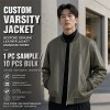 Men's Grey Olive Spliced Vegan Leather Varsity Jacket, Korean Cut