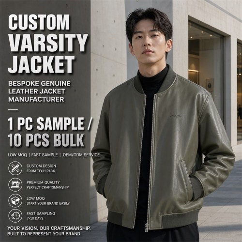 Men's Grey Olive Spliced Vegan Leather Varsity Jacket, Korean Cut