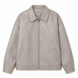Men's Oatmeal Grey Casual PU Leather Jacket, Plain Korean Cut