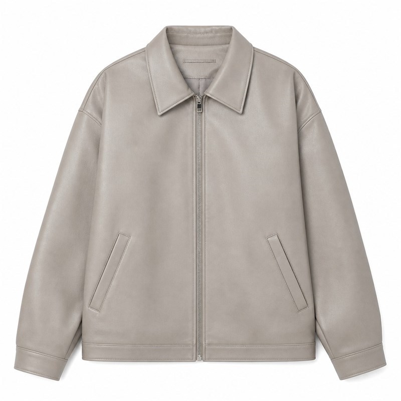Men's Oatmeal Grey Casual PU Leather Jacket, Plain Korean Cut