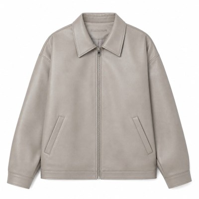 Men's Oatmeal Grey Casual PU Leather Jacket, Plain Korean Cut
