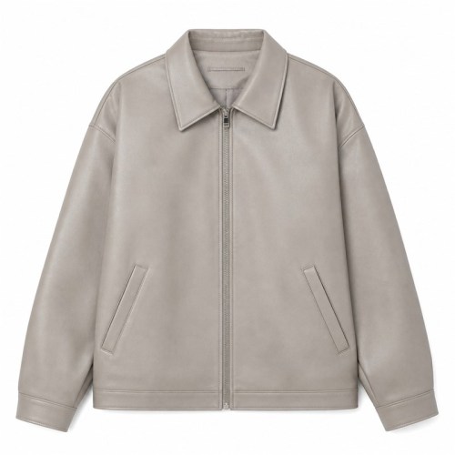Men's Oatmeal Grey Casual PU Leather Jacket, Plain Korean Cut