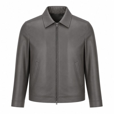 Men's Smoke Grey Nappa Turndown Collar Leather Jacket, Korean Cut