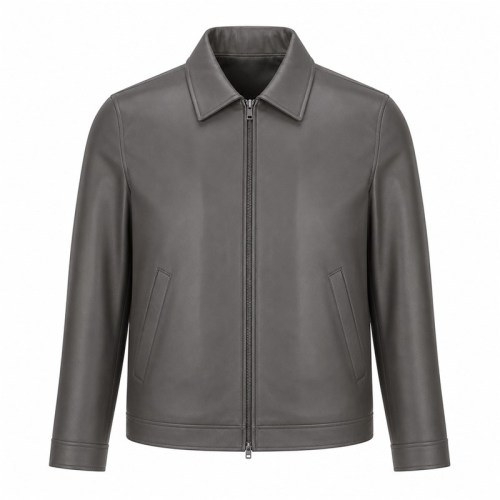 Men's Smoke Grey Nappa Turndown Collar Leather Jacket, Korean Cut