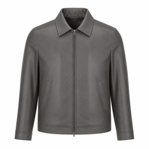 Men's Smoke Grey Nappa Turndown Collar Leather Jacket, Korean Cut