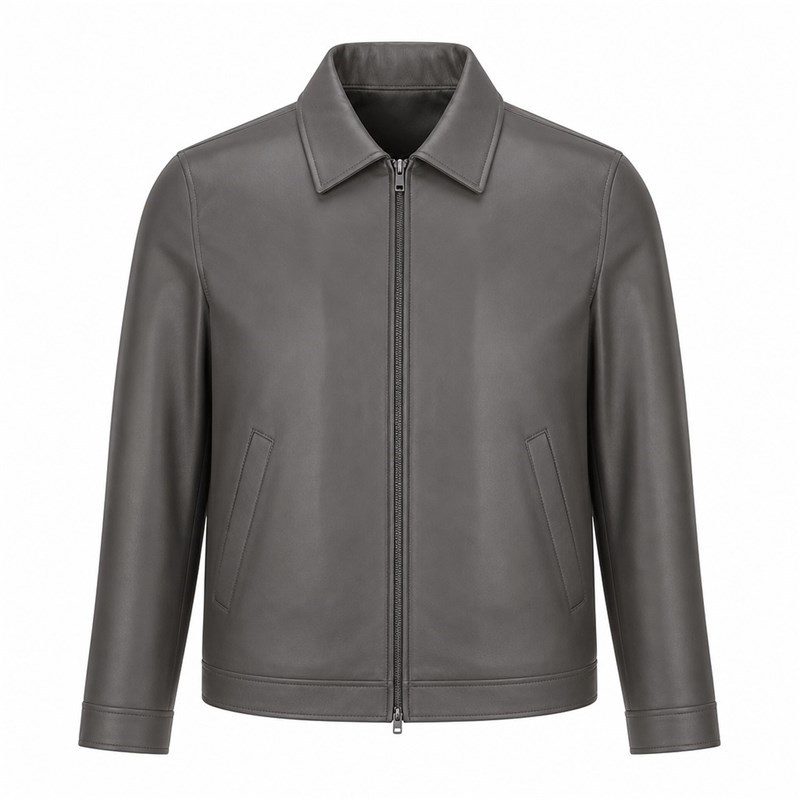 Men's Smoke Grey Nappa Turndown Collar Leather Jacket, Korean Cut