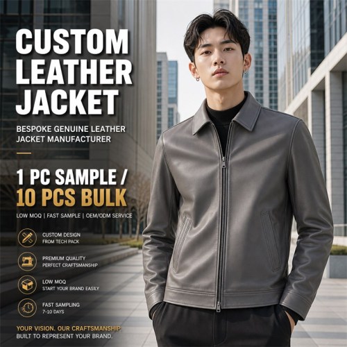 Men's Smoke Grey Nappa Turndown Collar Leather Jacket, Korean Cut