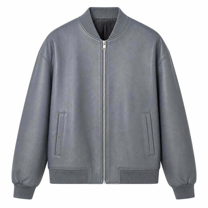 Men's Mineral Stone Grey Blue Bomber Leather Jacket, Peruvian Cut