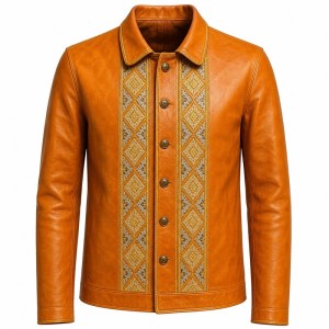 Men's Saffron Orange Artisan Leather Jacket, Plain Moroccan Cut