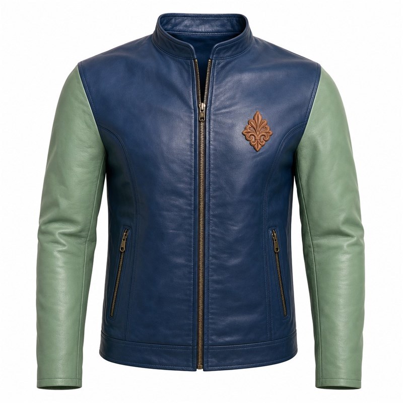 Men's Indigo Mint Rider Leather Jacket, Plain Moroccan Rider Cut