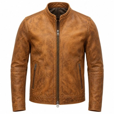 Men's Desert Ochre Cafe Racer Leather Jacket, Plain Mexican Cut