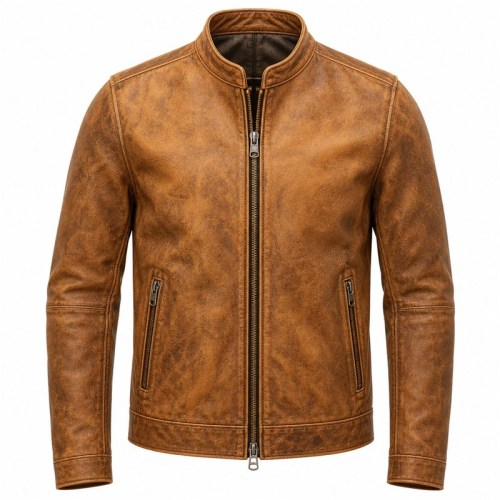 Men's Desert Ochre Cafe Racer Leather Jacket, Plain Mexican Cut