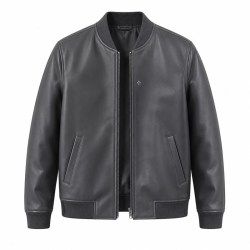Men's Charcoal Grey Minimalist Vegan Leather Varsity Jacket, Japanese Cut
