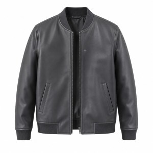 Men's Charcoal Grey Minimalist Vegan Leather Varsity Jacket, Japanese Cut