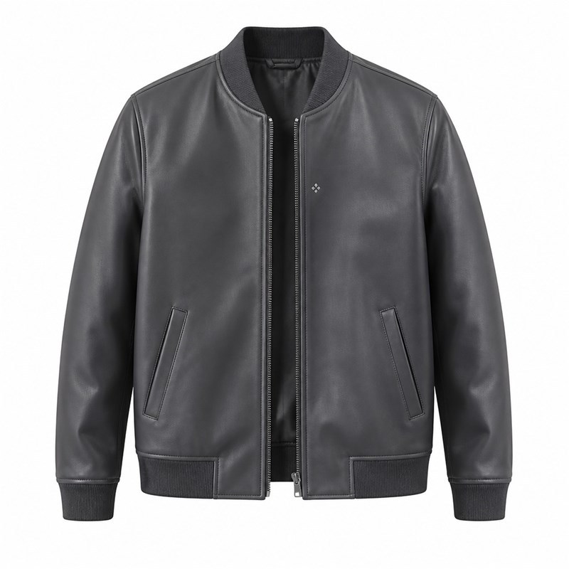 Men's Charcoal Grey Minimalist Vegan Leather Varsity Jacket, Japanese Cut