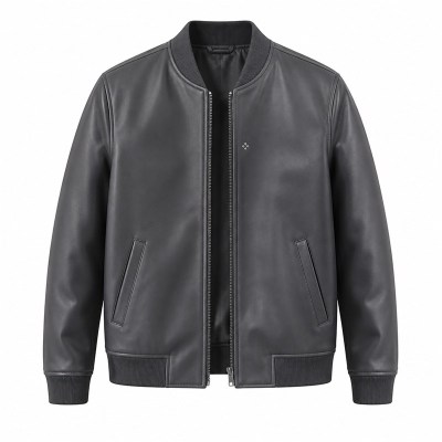 Men's Charcoal Grey Minimalist Vegan Leather Varsity Jacket, Japanese Cut