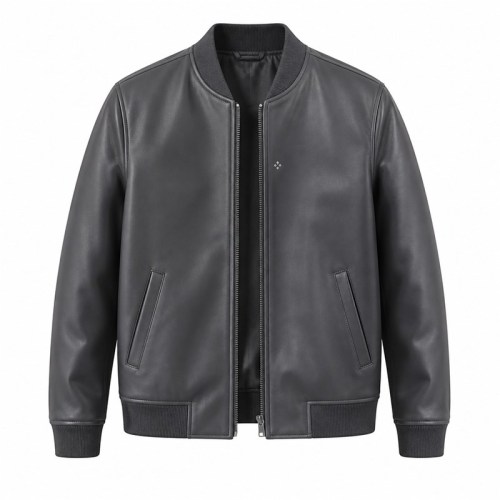 Men's Charcoal Grey Minimalist Vegan Leather Varsity Jacket, Japanese Cut