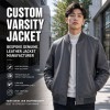 Men's Charcoal Grey Minimalist Vegan Leather Varsity Jacket, Japanese Cut