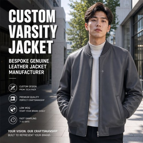 Men's Charcoal Grey Minimalist Vegan Leather Varsity Jacket, Japanese Cut