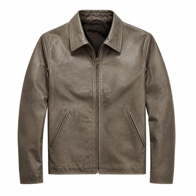 Men's Grey Khaki Casual PU Leather Jacket, Plain Japanese Cut