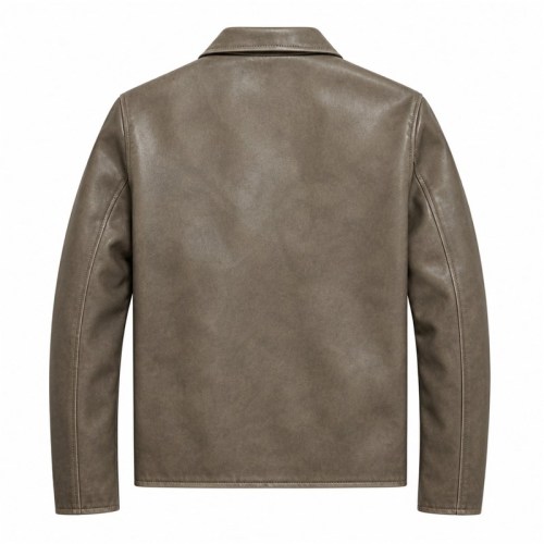 Men's Grey Khaki Casual PU Leather Jacket, Plain Japanese Cut
