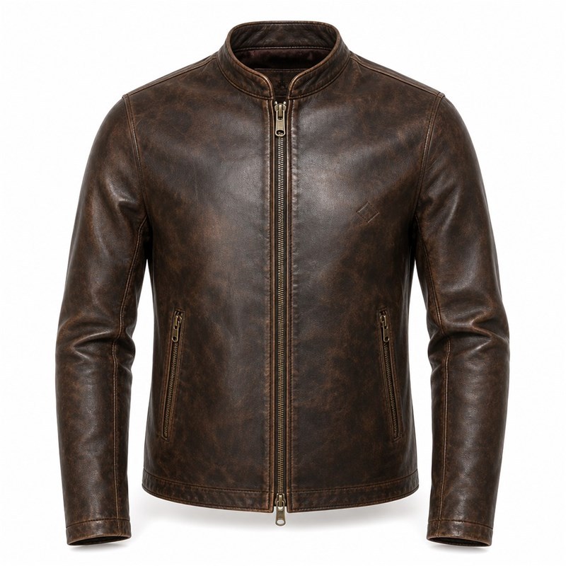 Men's Distressed Dark Tea Brown Leather Jacket, Japanese Cut