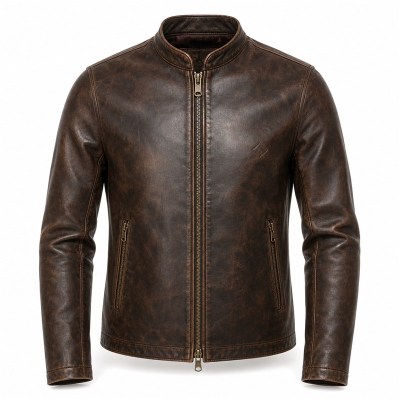 Men's Distressed Dark Tea Brown Leather Jacket, Japanese Cut