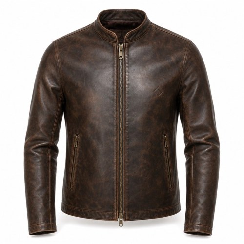 Men's Distressed Dark Tea Brown Leather Jacket, Japanese Cut