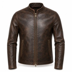 Men's Distressed Dark Tea Brown Leather Jacket, Japanese Cut