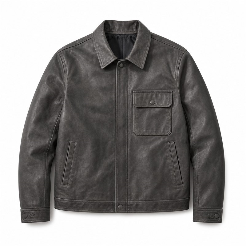 Men's Fog Charcoal Grey Oil Waxed Leather Jacket, Japanese Cut