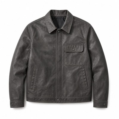 Men's Fog Charcoal Grey Oil Waxed Leather Jacket, Japanese Cut
